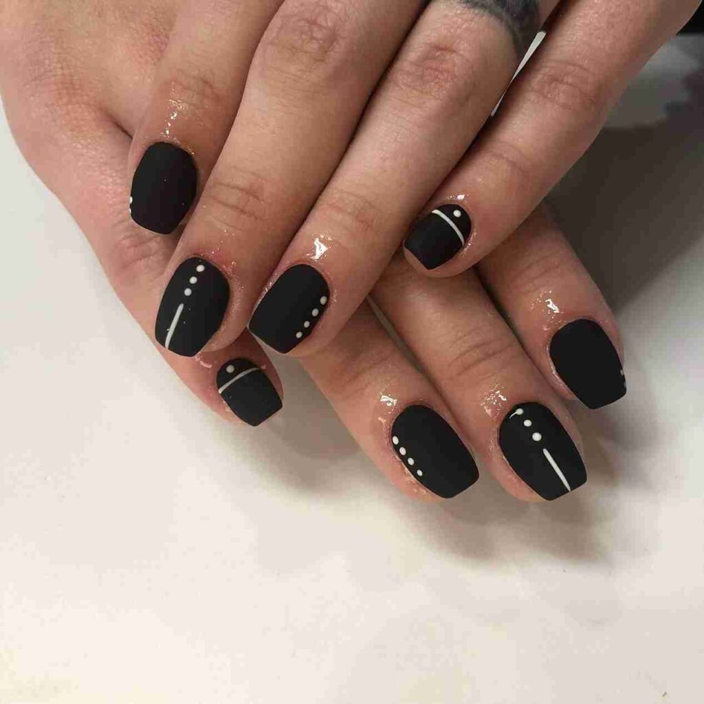 Matte Black Nails With White Dots