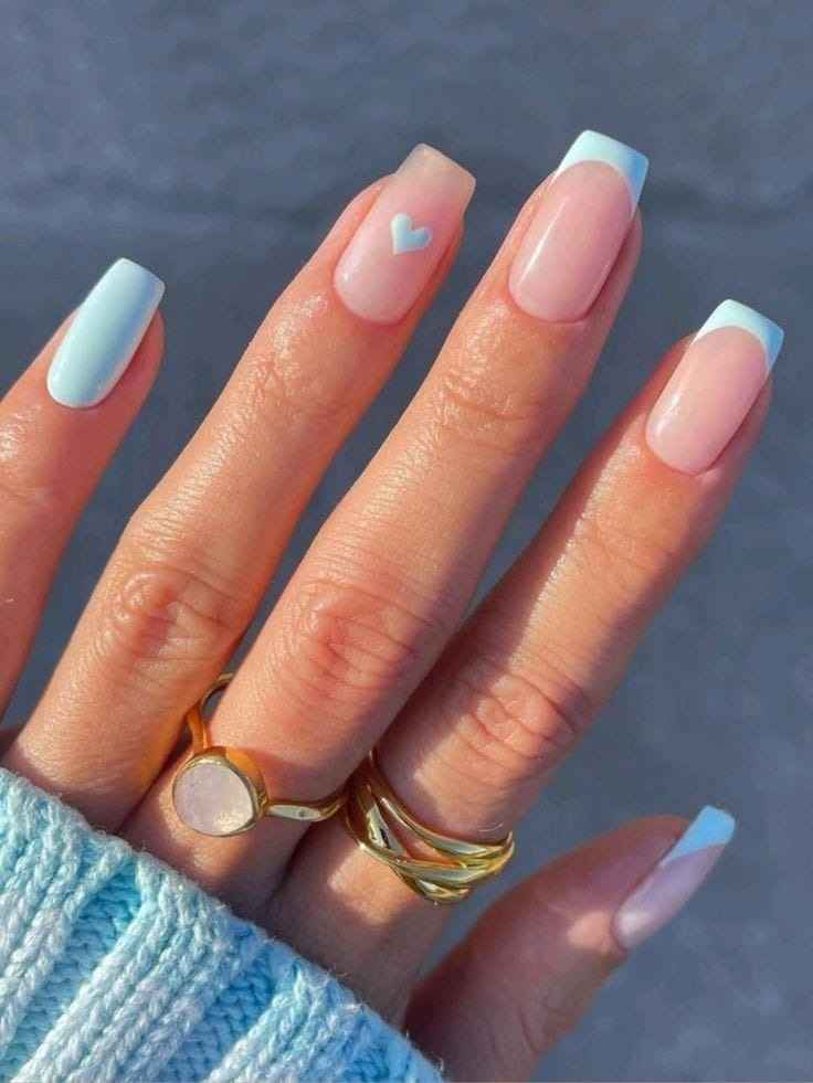 Blue Heart French Tips Nails