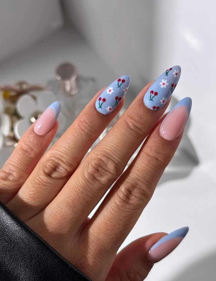 Blue and Nude with Cherry Nail Designs