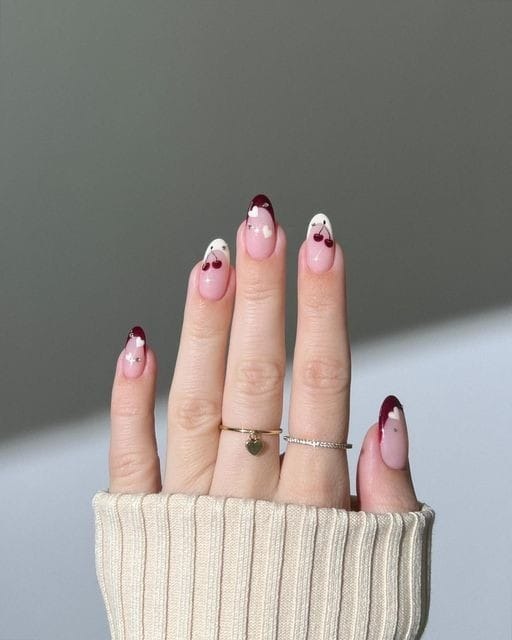 Cherry and Heart Tips Nail Designs