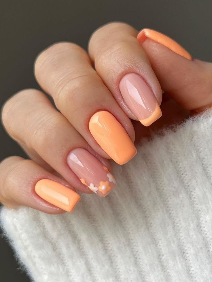 Floral Peach Tips Nail Designs