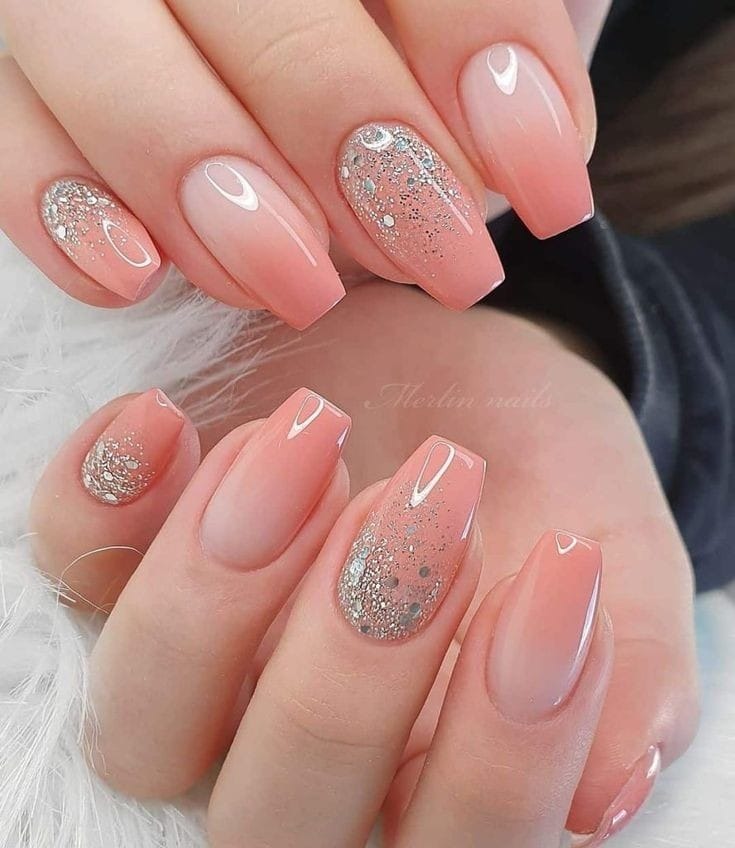 Glittering Peach Ombre Nail Designs