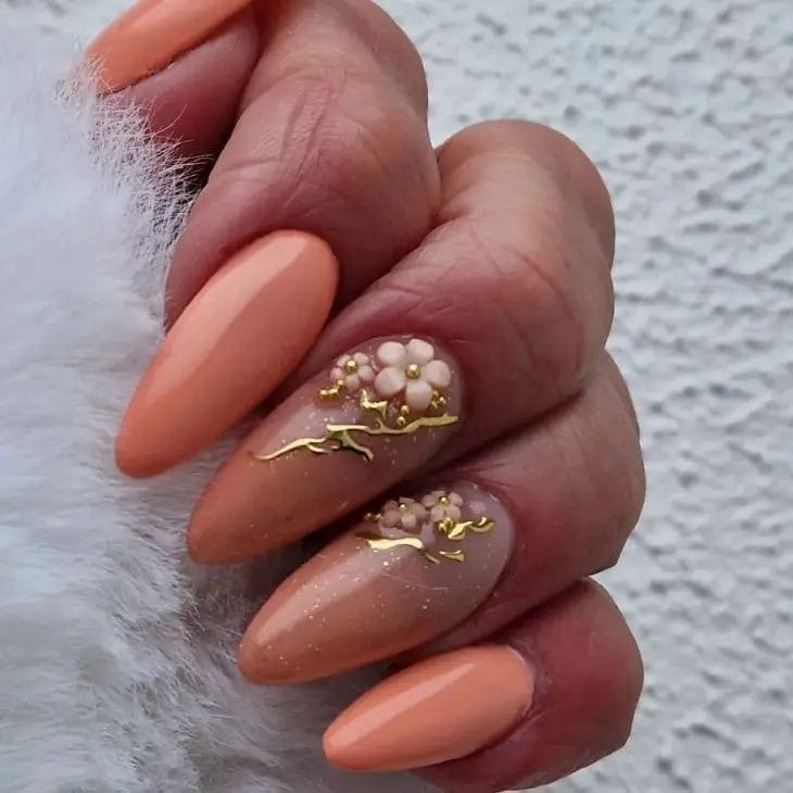 Golden Floral Peach Nail Designs