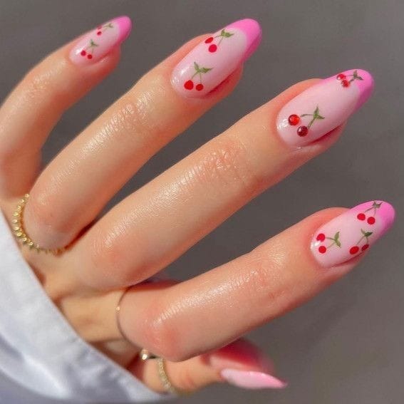 Nude Nails with Cherry Art and Pink Tips Nails