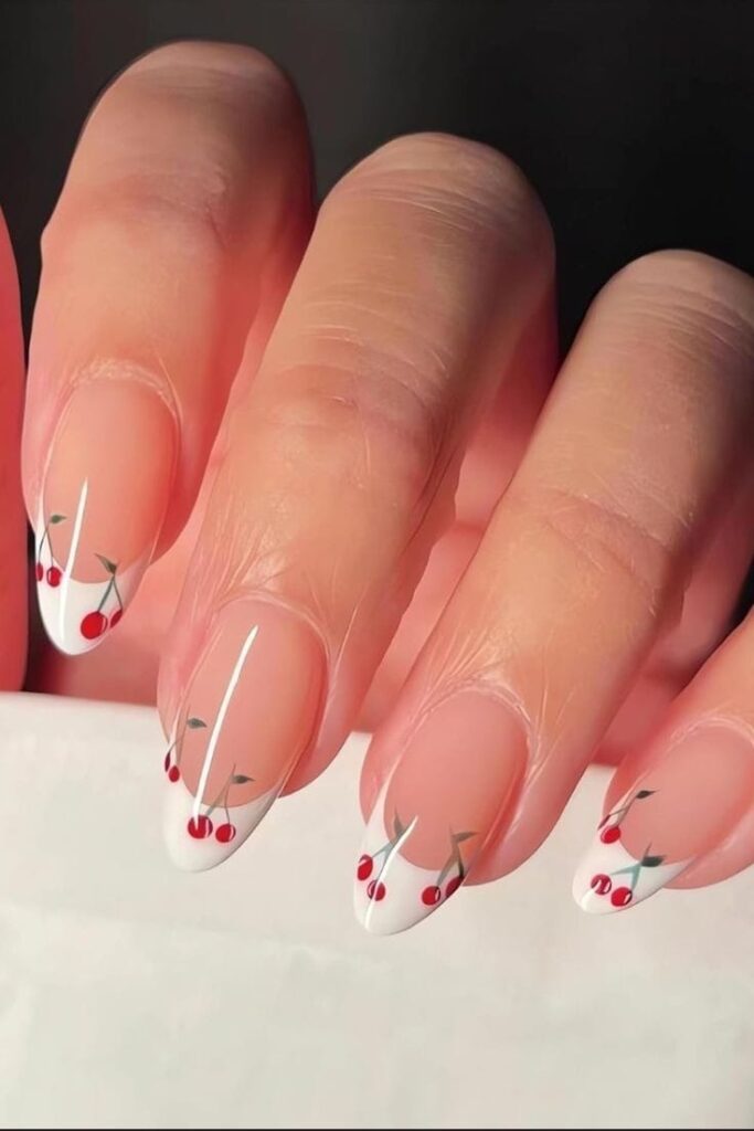 Nude Nails with Cherry Tips Designs