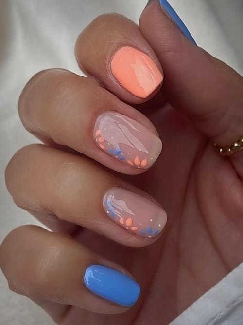 Peach and Blue Floral Nail Designs