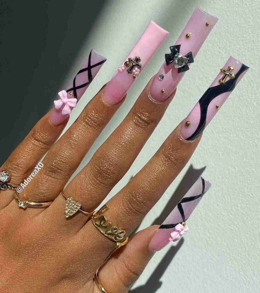 Pink base long French nails