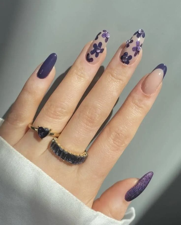 Purple Floral Mix dark purple nail design