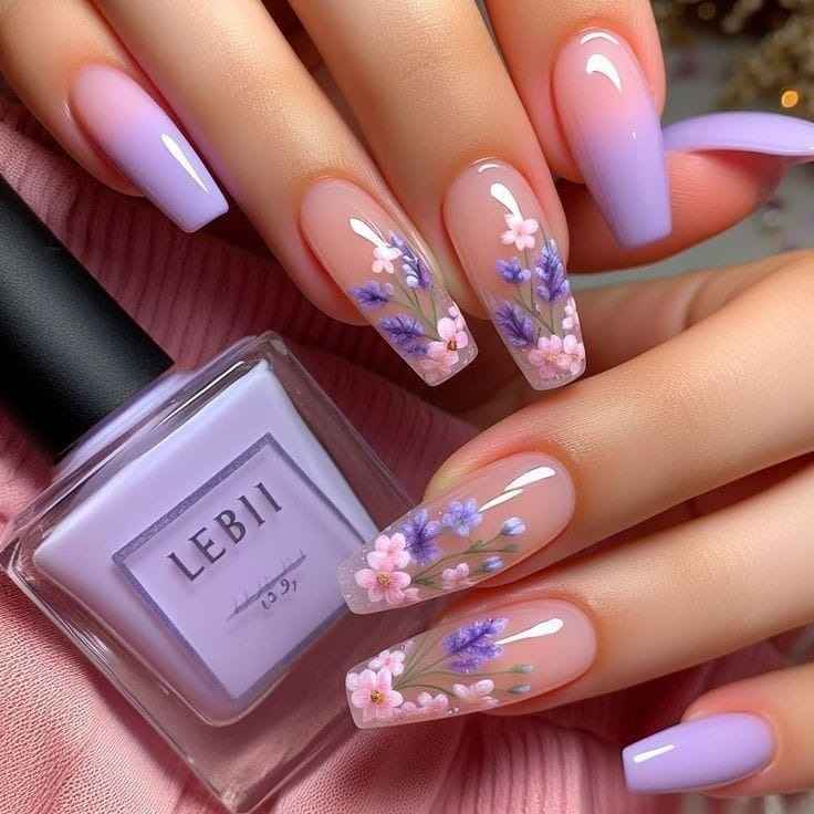 Purple Flower Fusion Coffin Nail Designs