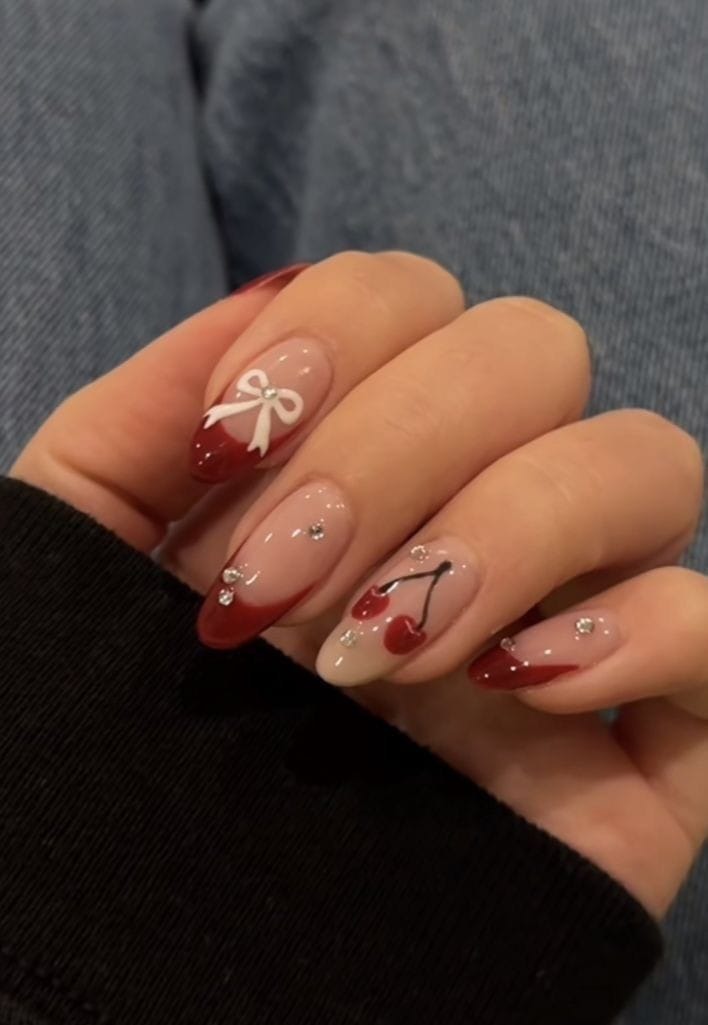 Red French Tips with Cherry Details Nails