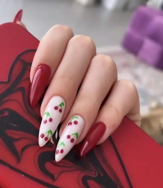 Red and Nude Stiletto Nails Cherry Designs