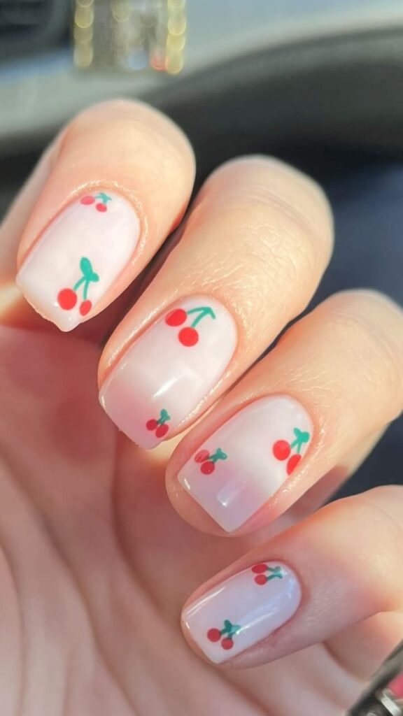 Short Square Nails with Cherry Spray Designs