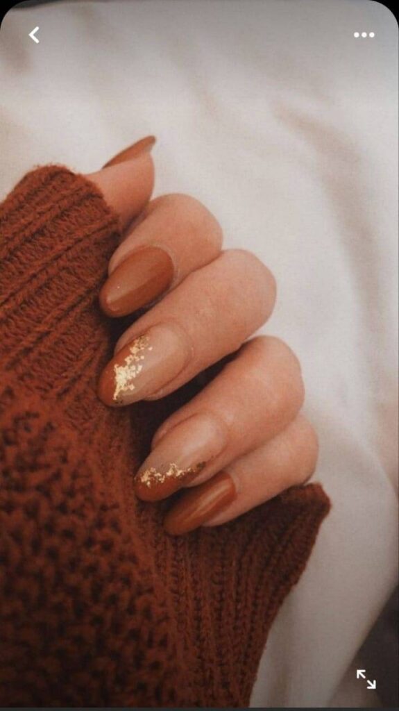 Autumn brown nails with gold lined tips Fall Wedding Nails