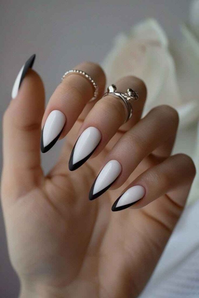 Black and White V Tips White Summer Nails