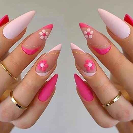 Bright Pink Stiletto Nails with Flowers and Gold Accents