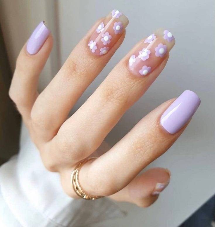 Clear Nails with Light Purple Flowers and Solid Purple Nails