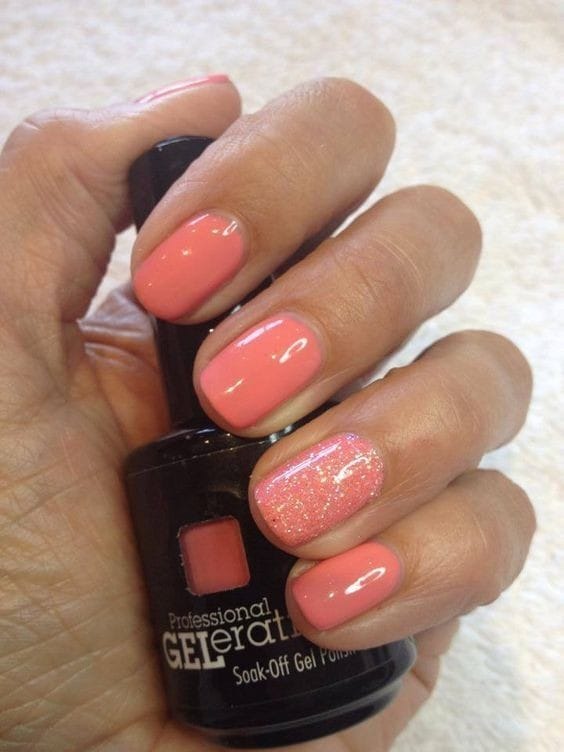 Coral Short Nails with Glitter