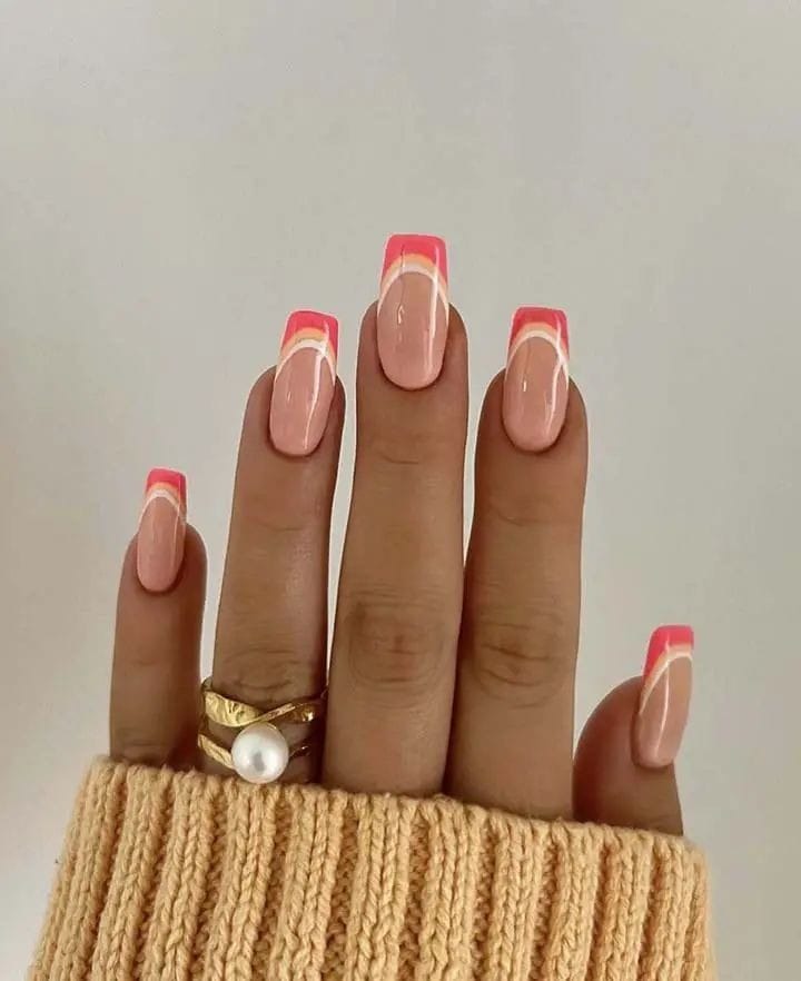 Coral Tips on Light Peach Nails