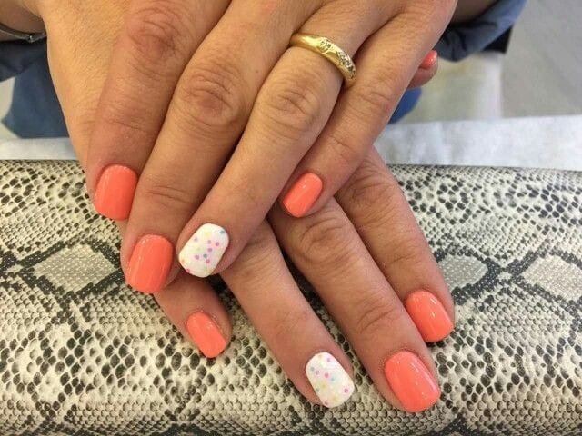 Coral and White with Sparkles Nail Designs