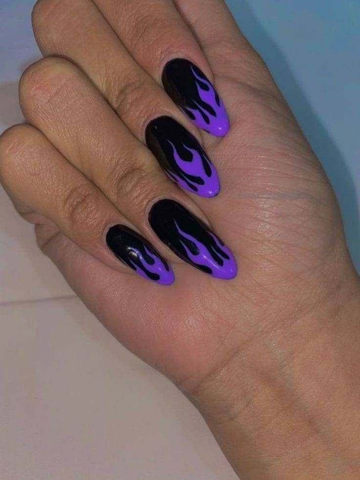 Entire Black Halloween Nails with Purple