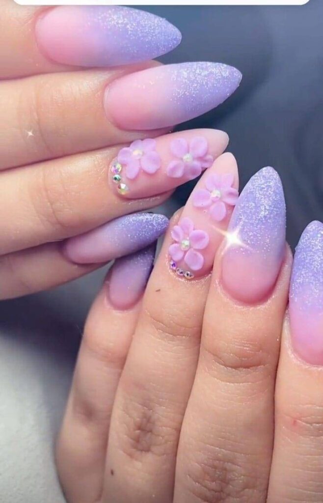 Glittery Light Purple Ombre Nails with Stones and 3D Flowers