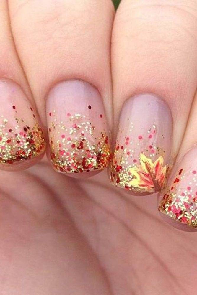 Glittery autumn tipped clear nails Fall Wedding Nail Ideas