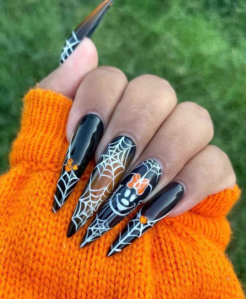 Glossy Black Mickey Stiletto Halloween Nails