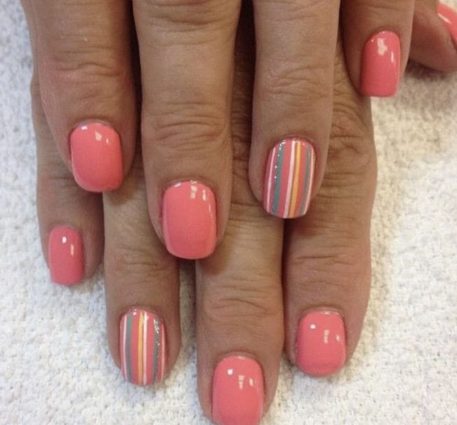 Glossy Coral with Rainbow Bars Nails