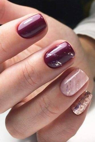 Glossy and marble maroon with rose gold Fall Wedding Nail Art