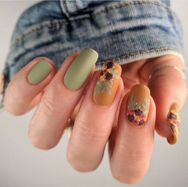 Greenish mustard matte Fall Wedding Nails