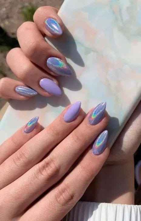 Holographic and Lavender Almond Nails