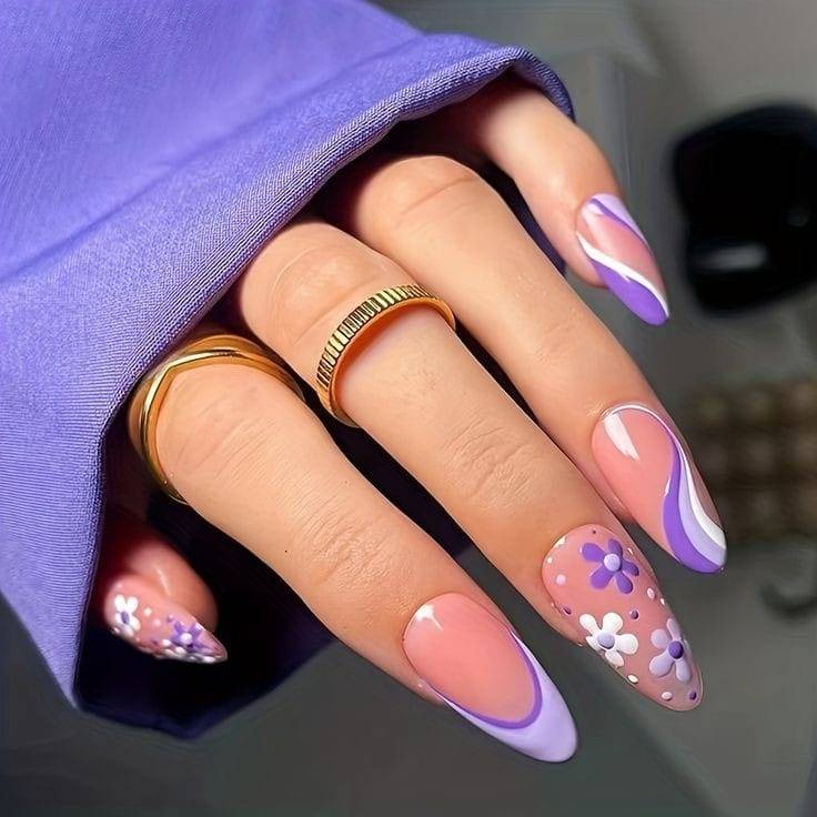 Light Purple Swirled Nails with Dark and Light Purple Flowers