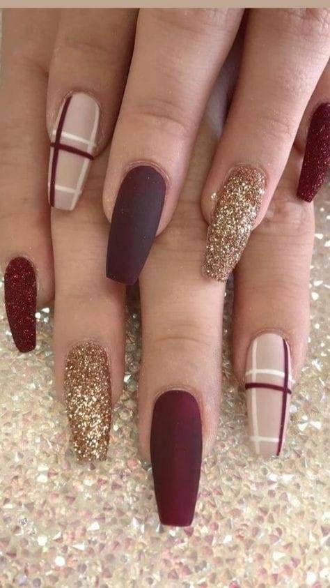 Maroon matte and checkered coffin Wedding Nails