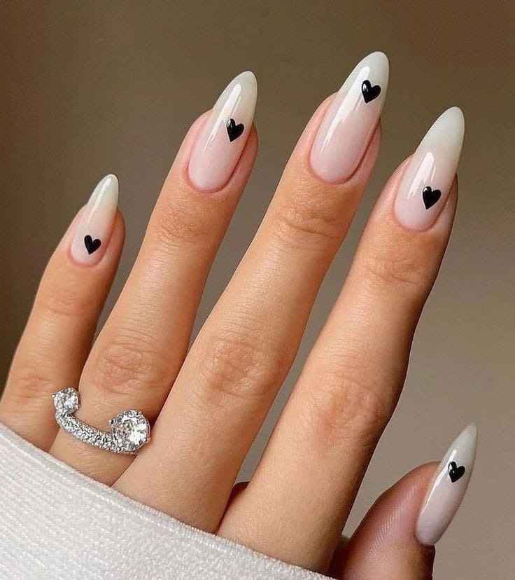 Milky White with Black Hearts Summer Nails