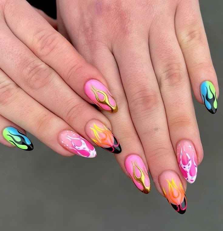 Multi-Colored Fierce Art on Alternate Nails