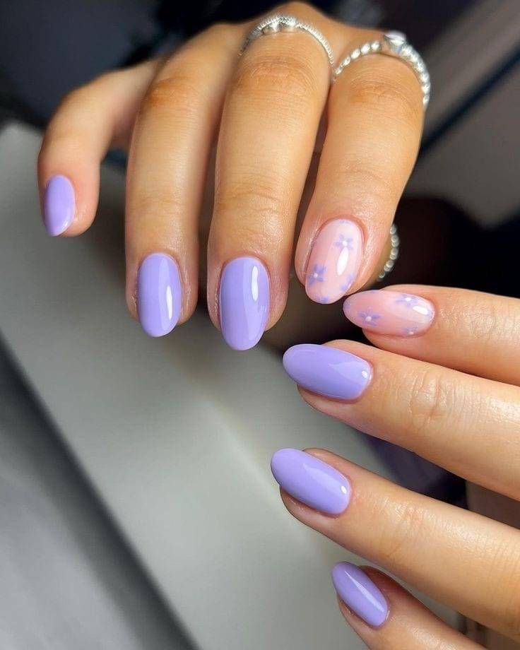 Nude Nails with Light Purple Flowers