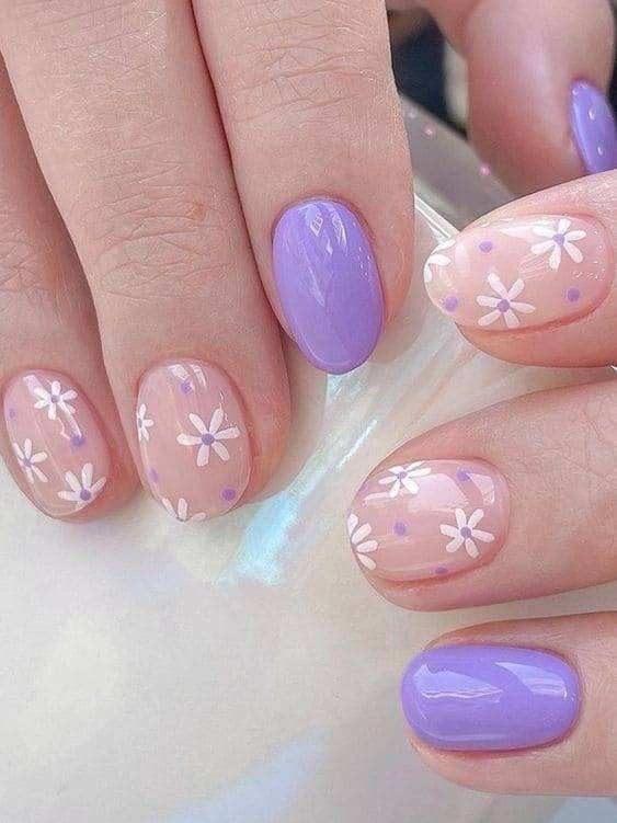 Nude Nails with White Flowers and Light Purple Dots