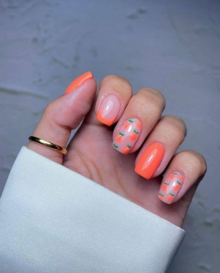 Peach Spray and Solid Peach Fruit Nail Designs