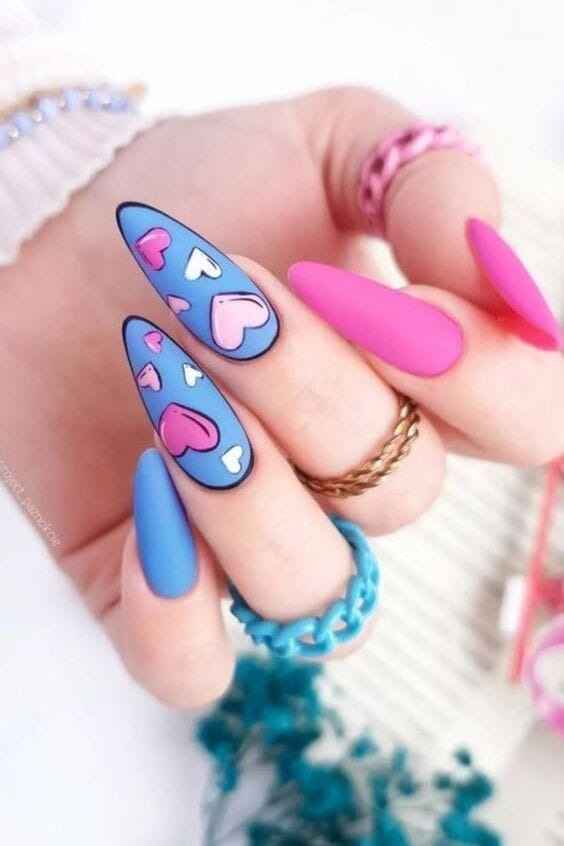 Pink and Purple Almond Nails with Cartoon Hearts