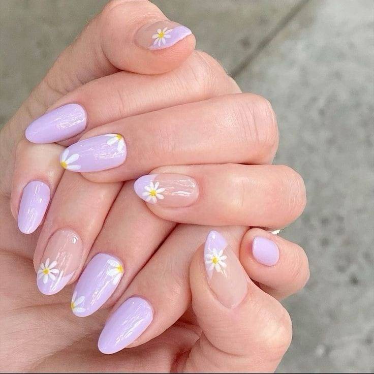 Purple-tipped and Light Purple Nails with Flowers