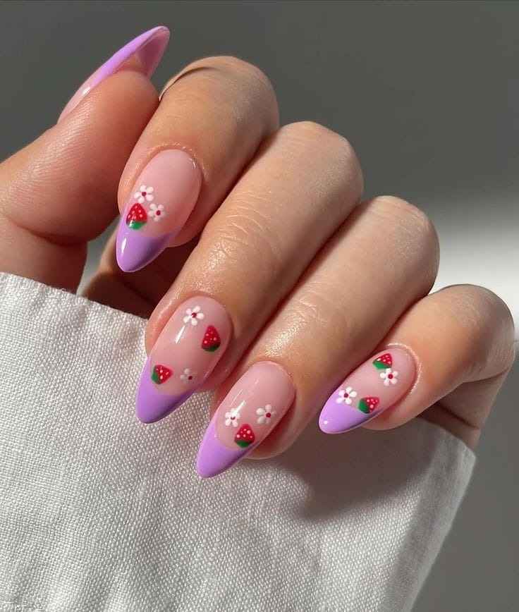 Purple-tipped Nails with Strawberries and Daisies