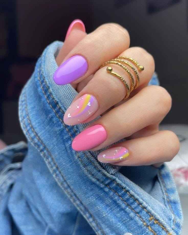 Rainbow Almond Nails with Hearts and Stars