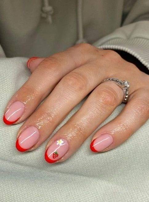 Red Tips with Strawberry and Daisy Nails