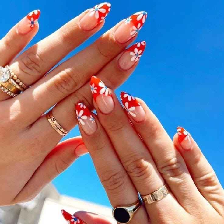 Red-tipped Almond Nails with Daisy Flowers