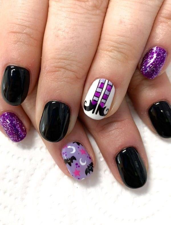 Spooky Bat and Moon Shorties Halloween nails