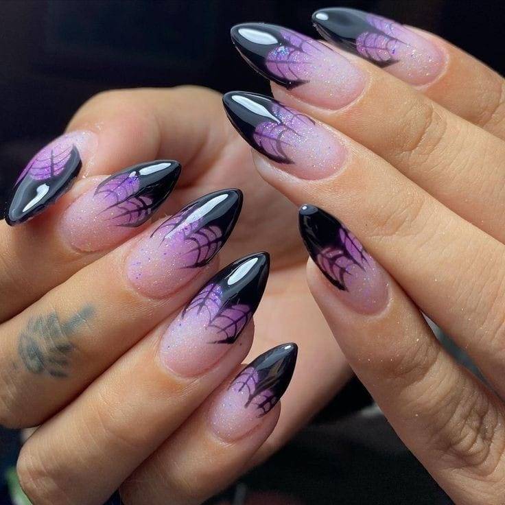 Webbed Stiletto Black and Purple Halloween Nails