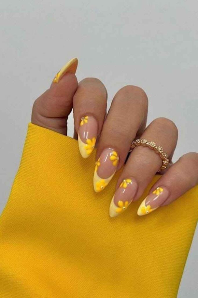 Yellow-tipped almond Nails with Yellow Flowers