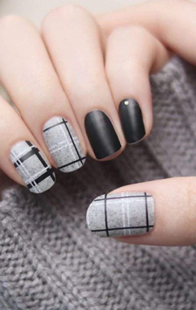 black and grey plaid with rhinestone nails