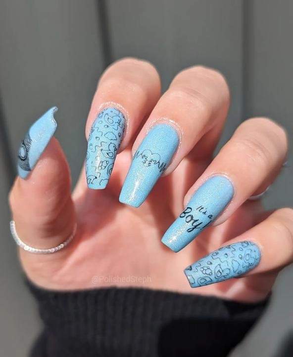 Blue Coffin Nails with 'It's a Boy' Theme nails