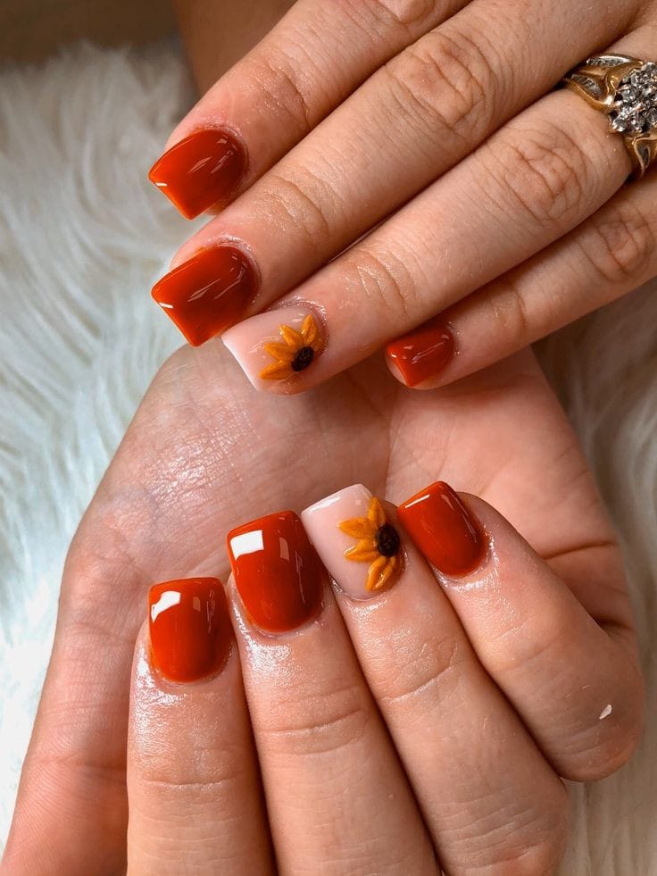 burnt orange shorties with sunflower overlay